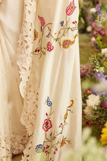 Buy_Chandrima_Ivory Chanderi Embroidery, Cut Work Floral Saree _Online_at_Aza_Fashions