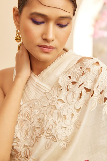 Shop_Chandrima_Ivory Chanderi Embroidery, Cut Work Floral Saree _Online_at_Aza_Fashions