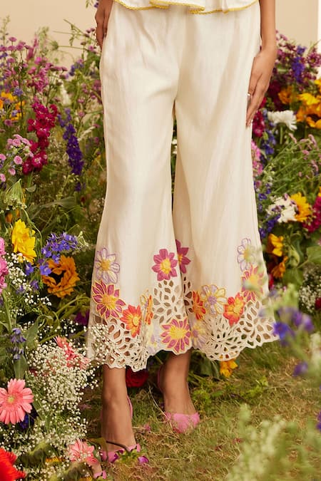 Chandrima_Ivory Chanderi Embroidery, Beads, Cut Work Floral Applique Bell Bottom Pant _Online_at_Aza_Fashions