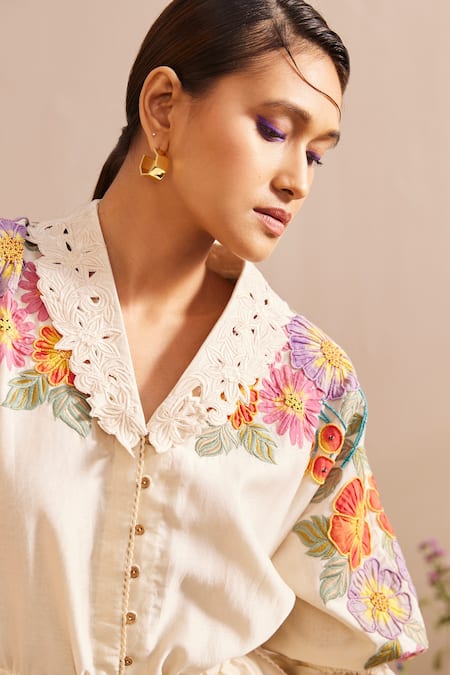 Chandrima_Ivory Chanderi Embroidery, Tassels Collared Floral Shirt Dress _Online_at_Aza_Fashions