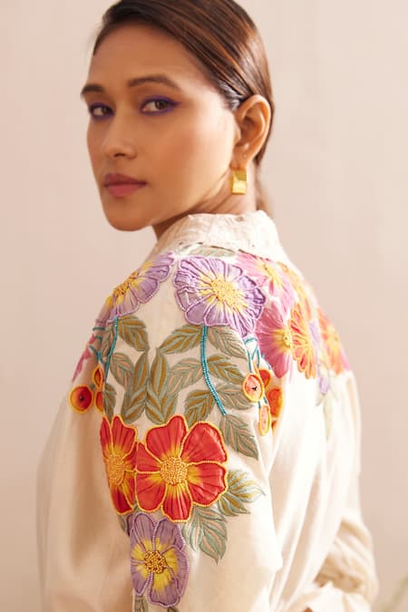 Buy_Chandrima_Ivory Chanderi Embroidery, Tassels Collared Floral Shirt Dress _Online_at_Aza_Fashions