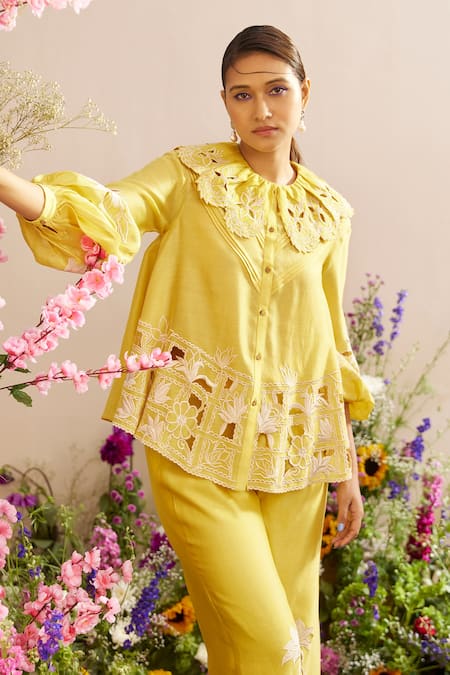 Chandrima Yellow Chanderi Embroidery Polo Collar Lotus Cut Work Shirt Online at Aza Fashions Chandrima_Yellow Chanderi Embroidery Polo Collar Lotus Cut Work Shirt _Online_at_Aza_Fashions