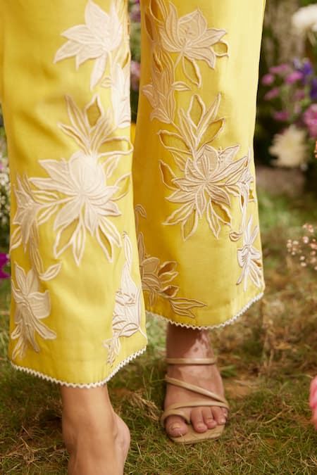 Chandrima_Yellow Chanderi Embroidered Floral Applique Work Straight Pant _Online_at_Aza_Fashions