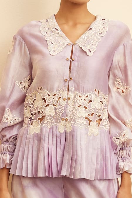 Chandrima_Purple Chanderi Embroidery Collared Butterfly Cut Work Shirt _Online_at_Aza_Fashions