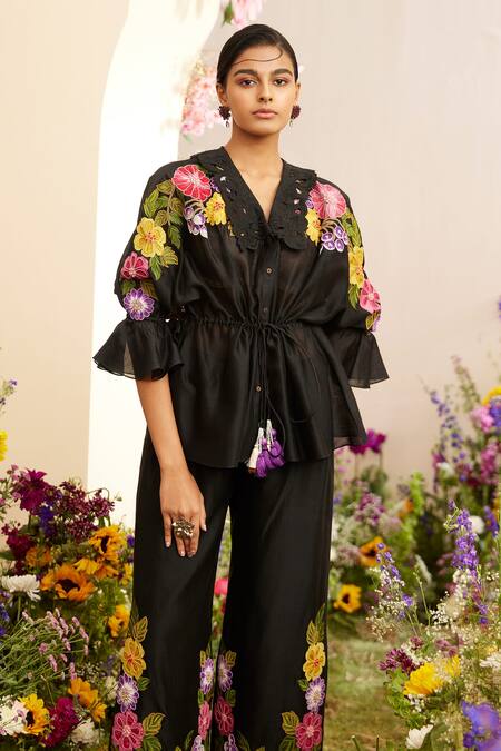 Chandrima Black Chanderi Embroidery Collared Floral Patch Work Kimono Shirt Online at Aza Fashions Chandrima_Black Chanderi Embroidery Collared Floral Patch Work Kimono Shirt _Online_at_Aza_Fashions