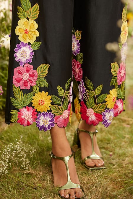 Chandrima_Black Chanderi Embroidery Floral Applique Pant _Online_at_Aza_Fashions