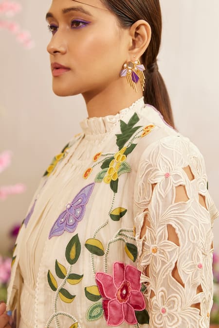 Chandrima Ivory Chanderi Embroidery High Neck Ruched Maxi Dress Online at Aza Fashions Chandrima_Ivory Chanderi Embroidery High Neck Ruched Maxi Dress _Online_at_Aza_Fashions