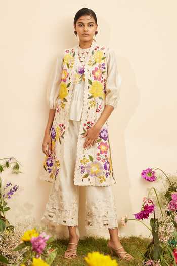Chandrima_Ivory Chanderi Embroidery, Cut Work Open Neck Floral Applique Jacket _Online_at_Aza_Fashions