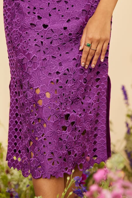 Chandrima Purple Chanderi Embroidery Flower Cut Work Skirt Online at Aza Fashions Chandrima_Purple Chanderi Embroidery Flower Cut Work Skirt _Online_at_Aza_Fashions