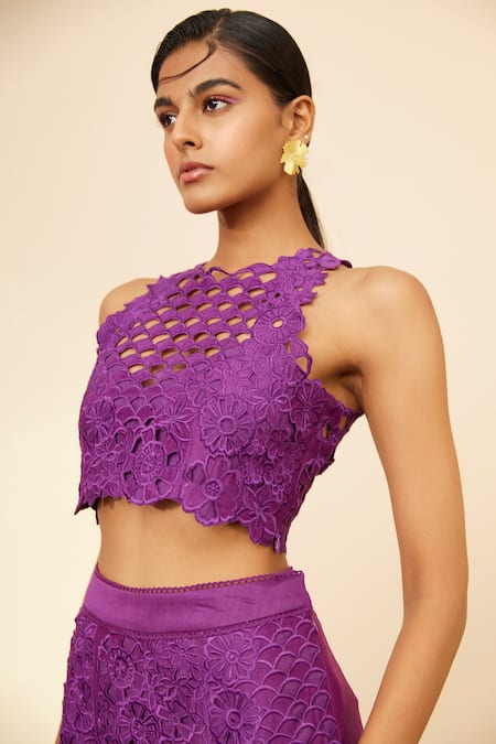 Chandrima_Purple Chanderi Embroidery Round Neck Flower Cut Work Crop Top _Online_at_Aza_Fashions