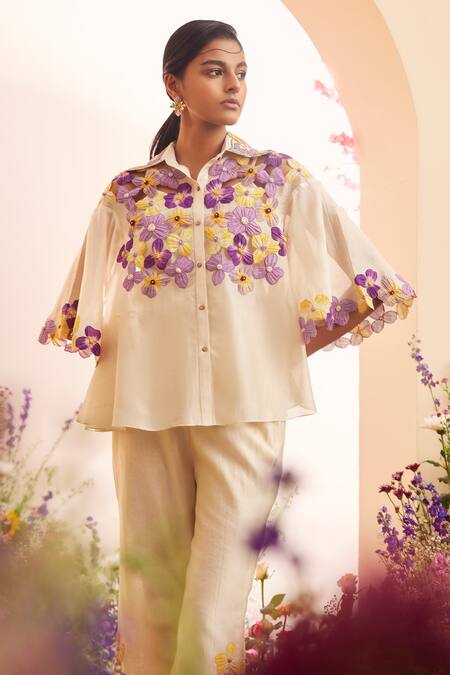 Chandrima Ivory Chanderi Embroidery, Tassels Collared 3d Pansy Patch Work Shirt Online at Aza Fashions Chandrima_Ivory Chanderi Embroidery, Tassels Collared 3d Pansy Patch Work Shirt _Online_at_Aza_Fashions