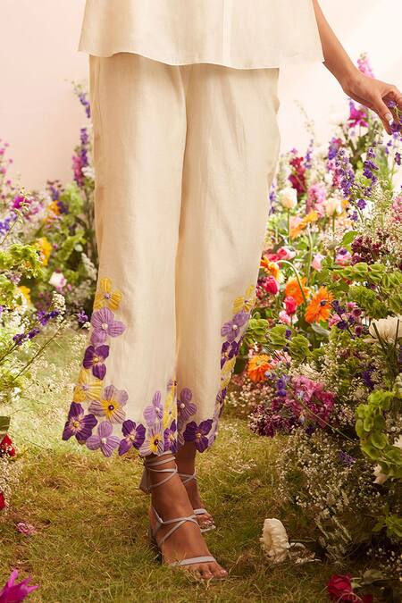 Chandrima_Ivory Chanderi Embroidery Pansy Applique Pant _Online_at_Aza_Fashions