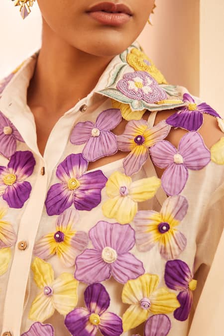 Buy Chandrima Ivory Chanderi Embroidery, Tassels Collared 3d Pansy Patch Work Shirt Online at Aza Fashions Buy_Chandrima_Ivory Chanderi Embroidery, Tassels Collared 3d Pansy Patch Work Shirt _Online_at_Aza_Fashions