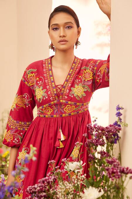 Chandrima_Fuchsia Cotton Embroidery, Beads V-neck Floral Midi Dress _Online_at_Aza_Fashions