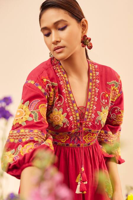 Buy_Chandrima_Fuchsia Cotton Embroidery, Beads V-neck Floral Midi Dress _Online_at_Aza_Fashions