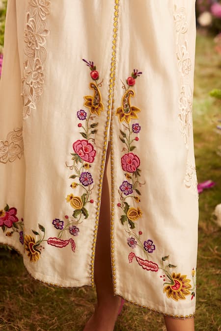 Chandrima Ivory Chanderi Embroidery Collared Floral Cold Shoulder Dress Online at Aza Fashions Chandrima_Ivory Chanderi Embroidery Collared Floral Cold Shoulder Dress _Online_at_Aza_Fashions