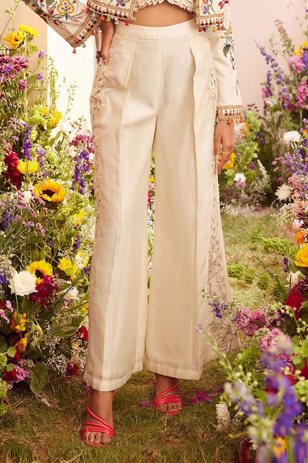 Chandrima_Ivory Chanderi Embroidered Floral Cut And Thread Placement Pant _Online_at_Aza_Fashions