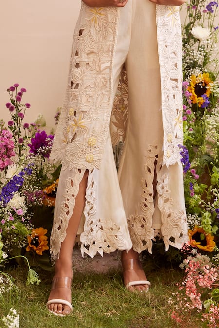 Chandrima_Ivory Chanderi Embroidery, Cut Work Floral Bell Bottom Pant _Online_at_Aza_Fashions
