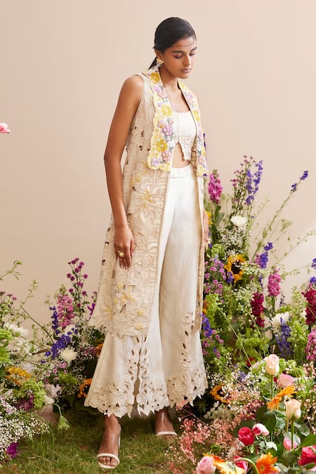 Chandrima_Ivory Chanderi Embroidery Collared Long Jacket _Online_at_Aza_Fashions