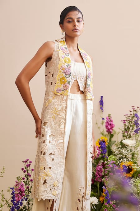 Buy_Chandrima_Ivory Chanderi Embroidery Collared Long Jacket _Online_at_Aza_Fashions