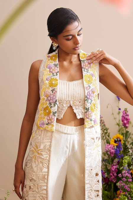 Shop_Chandrima_Ivory Chanderi Embroidery Collared Long Jacket _Online_at_Aza_Fashions