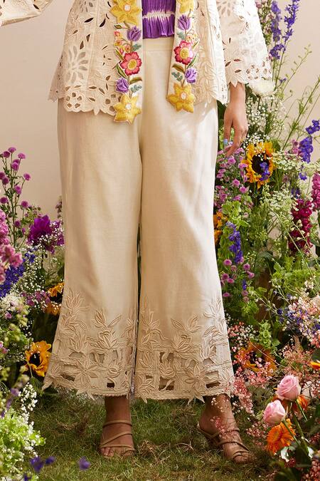 Chandrima Ivory Chanderi Embroidery Floral Cut Work Straight Pant Online at Aza Fashions Chandrima_Ivory Chanderi Embroidery Floral Cut Work Straight Pant _Online_at_Aza_Fashions