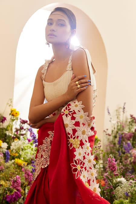 Chandrima_Red Organza Embroidery Floral Daisy Applique Saree _Online_at_Aza_Fashions