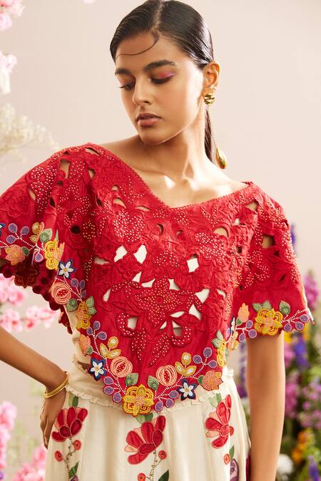 Chandrima Red Chanderi Beads, Embroidery V-neck Cutwork And Poncho Online at Aza Fashions Chandrima_Red Chanderi Beads, Embroidery V-neck Cutwork And Poncho _Online_at_Aza_Fashions