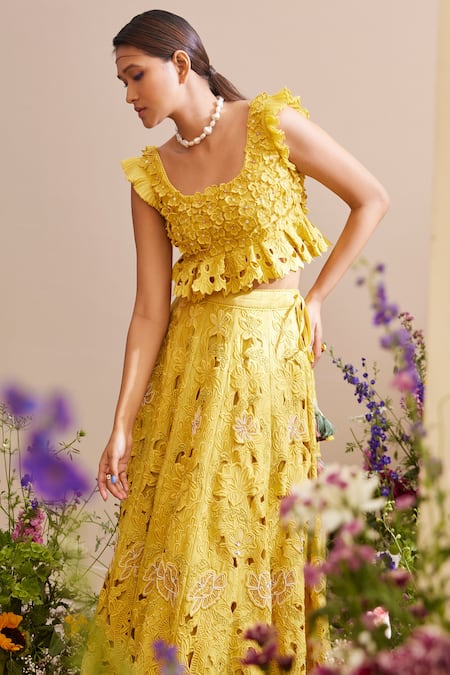 Buy_Chandrima_Yellow Chanderi Embroidery Scoop Neck Floral Applique Sleeveless Bustier _Online_at_Aza_Fashions