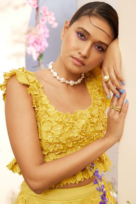 Shop_Chandrima_Yellow Chanderi Embroidery Scoop Neck Floral Applique Sleeveless Bustier _Online_at_Aza_Fashions