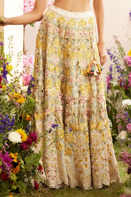 Chandrima_Ivory Chanderi Sequins, Beads, Cut Work Floral Lehenga _Online_at_Aza_Fashions