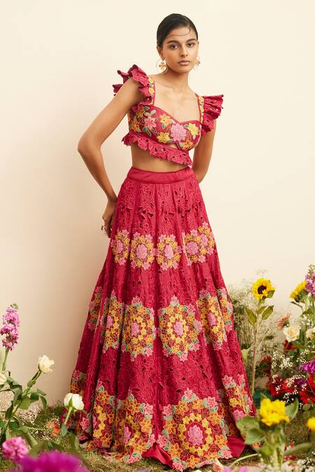 Chandrima Fuchsia Chanderi Embroidery Sweetheart Neck Cutwork Ruffle Sleeve Bustier Online at Aza Fashions Chandrima_Fuchsia Chanderi Embroidery Sweetheart Neck Cutwork Ruffle Sleeve Bustier _Online_at_Aza_Fashions