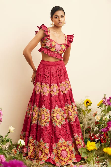 Chandrima_Fuchsia Chanderi Cut Work, Beads Blooming Flower Embroidered Lehenga _Online_at_Aza_Fashions