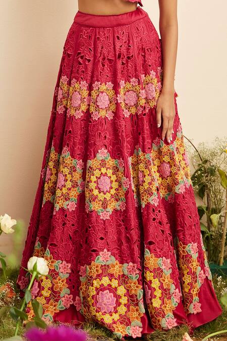 Buy_Chandrima_Fuchsia Chanderi Cut Work, Beads Blooming Flower Embroidered Lehenga _Online_at_Aza_Fashions