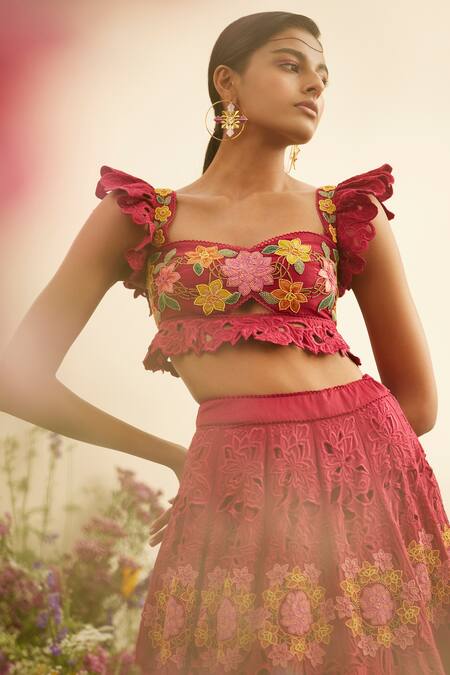 Buy Chandrima Fuchsia Chanderi Embroidery Sweetheart Neck Cutwork Ruffle Sleeve Bustier Online at Aza Fashions Buy_Chandrima_Fuchsia Chanderi Embroidery Sweetheart Neck Cutwork Ruffle Sleeve Bustier _Online_at_Aza_Fashions