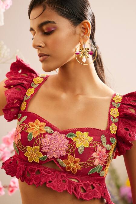 Shop Chandrima Fuchsia Chanderi Embroidery Sweetheart Neck Cutwork Ruffle Sleeve Bustier Online at Aza Fashions Shop_Chandrima_Fuchsia Chanderi Embroidery Sweetheart Neck Cutwork Ruffle Sleeve Bustier _Online_at_Aza_Fashions