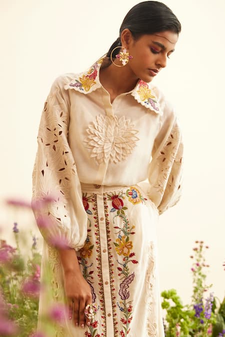 Chandrima_Ivory Chanderi Embroidery, Applique Collared Floral Cut Work Shirt _Online_at_Aza_Fashions