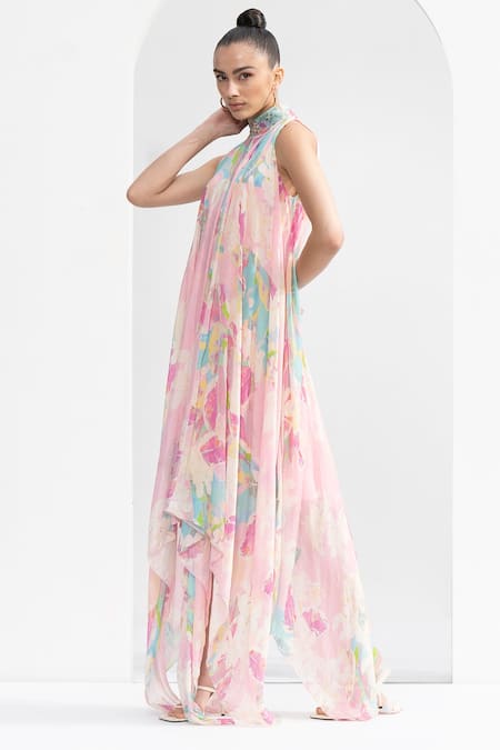 Shop_Mandira Wirk Resort_Pink Chiffon High Neck Tropical Print Dress _Online_at_Aza_Fashions