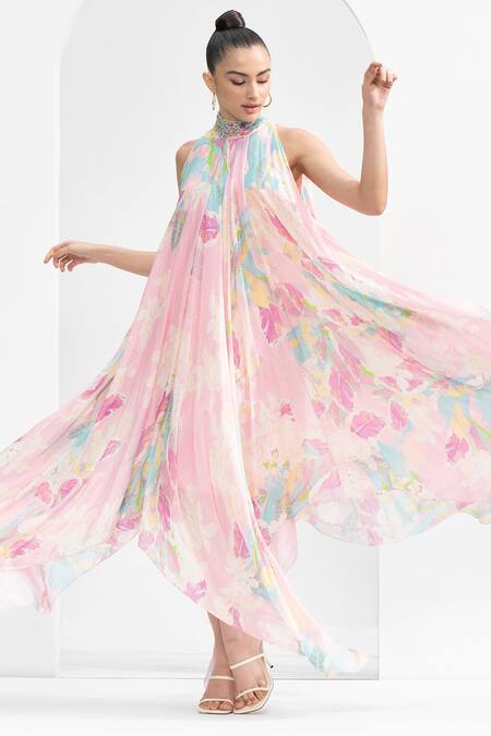 Mandira Wirk Resort_Pink Chiffon High Neck Tropical Print Dress _at_Aza_Fashions
