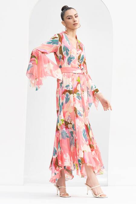 Shop Mandira Wirk Resort Multi Color Chiffon V-neck Tropical Print Asymmetric Hem Dress Online at Aza Fashions Shop_Mandira Wirk Resort_Multi Color Chiffon V-neck Tropical Print Asymmetric Hem Dress _Online_at_Aza_Fashions