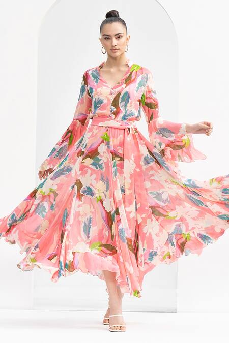 Buy Mandira Wirk Resort Multi Color Chiffon V-neck Tropical Print Asymmetric Hem Dress Online at Aza Fashions Buy_Mandira Wirk Resort_Multi Color Chiffon V-neck Tropical Print Asymmetric Hem Dress _Online_at_Aza_Fashions