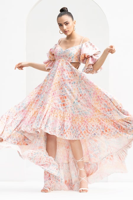 Shop_Mandira Wirk Resort_Pink Lurex, Jacquard Off-shoulder Cold Leaf Print Dress _Online_at_Aza_Fashions