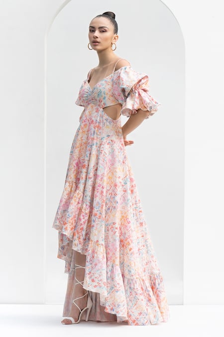 Buy_Mandira Wirk Resort_Pink Lurex, Jacquard Off-shoulder Cold Leaf Print Dress _Online_at_Aza_Fashions