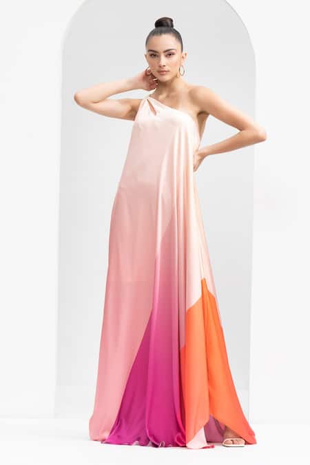 Buy_Mandira Wirk Resort_Pink Satin One Shoulder Ombre Print Kaftan _Online_at_Aza_Fashions