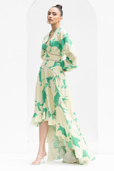 Buy_Mandira Wirk Resort_Green Chanderi Lace V-neck Leaf Print High Low Hem Dress _Online_at_Aza_Fashions