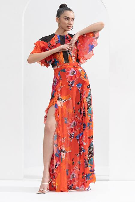 Buy Mandira Wirk Resort Red Chiffon Ruffles Round Neck Garden Print Front Slit Gown Online at Aza Fashions Buy_Mandira Wirk Resort_Red Chiffon Ruffles Round Neck Garden Print Front Slit Gown _Online_at_Aza_Fashions