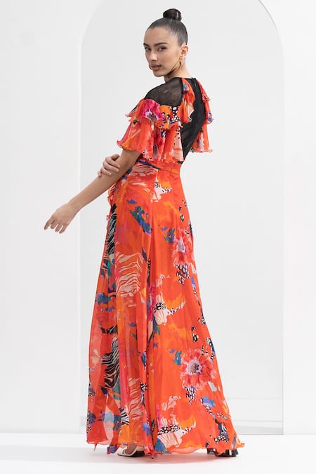 Shop Mandira Wirk Resort Red Chiffon Ruffles Round Neck Garden Print Front Slit Gown Online at Aza Fashions Shop_Mandira Wirk Resort_Red Chiffon Ruffles Round Neck Garden Print Front Slit Gown _Online_at_Aza_Fashions