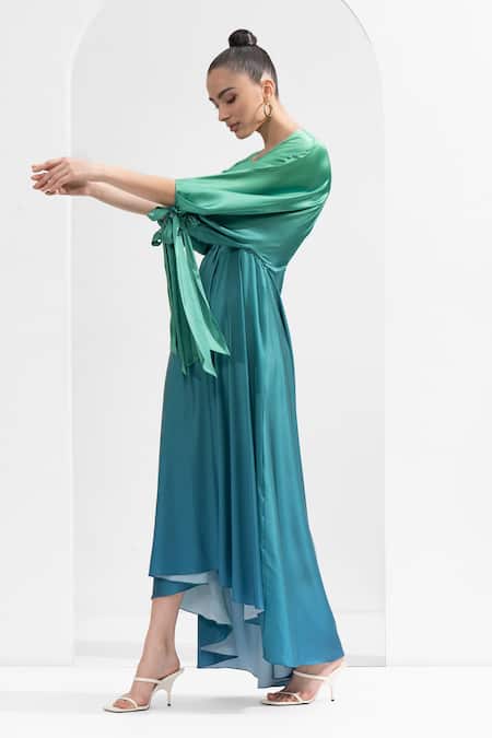 Buy_Mandira Wirk Resort_Blue Satin V-neck Ombre Dress _Online_at_Aza_Fashions