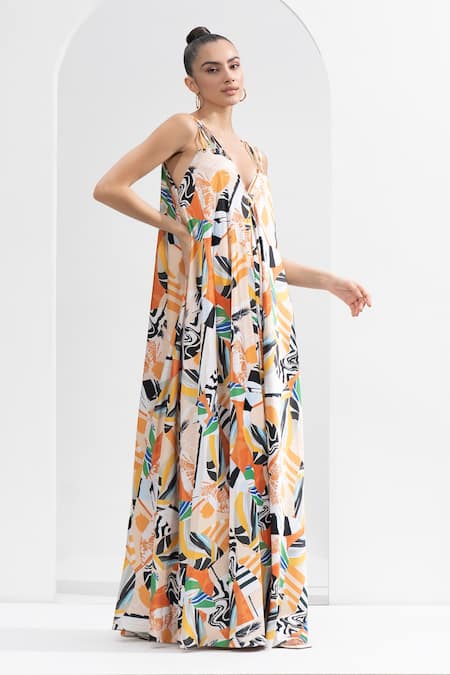Buy Mandira Wirk Resort Yellow Satin V-neck Abstract Print Strappy Dress Online at Aza Fashions Buy_Mandira Wirk Resort_Yellow Satin V-neck Abstract Print Strappy Dress _Online_at_Aza_Fashions