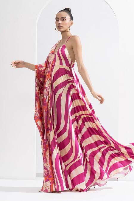 Shop_Mandira Wirk Resort_Pink Satin Embroidery V-neck Printed Blocked Kaftan _Online_at_Aza_Fashions